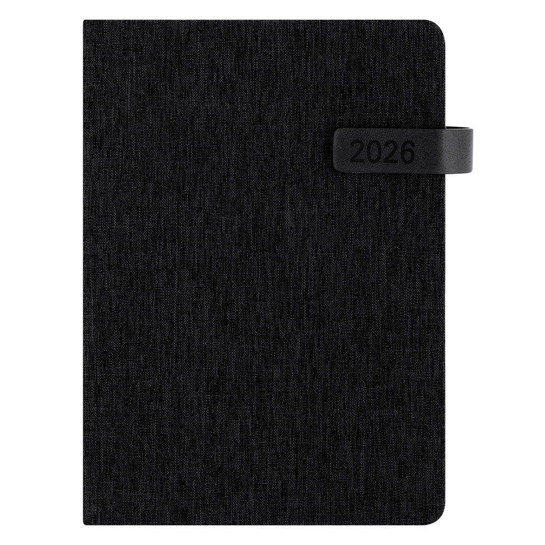 Agenda A5 2026Bsostenible fabricada en poliéster reciclado RPET con cubiertas rígidas COLOR NEGRO